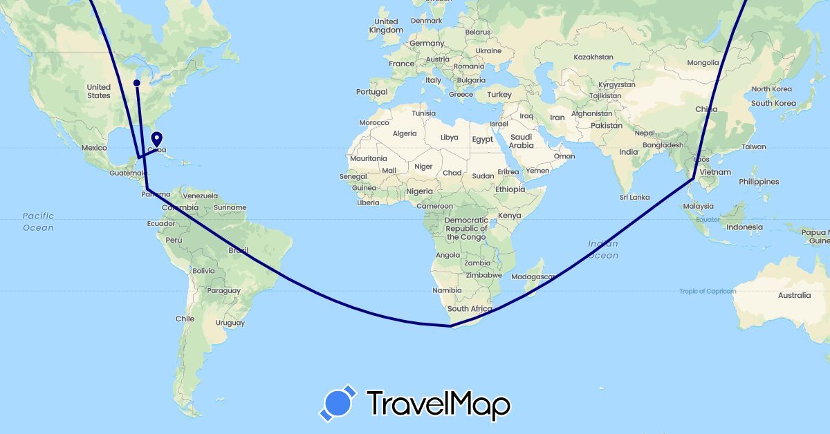 TravelMap itinerary: driving in Costa Rica, Cuba, Mexico, Thailand, United States, South Africa (Africa, Asia, North America)